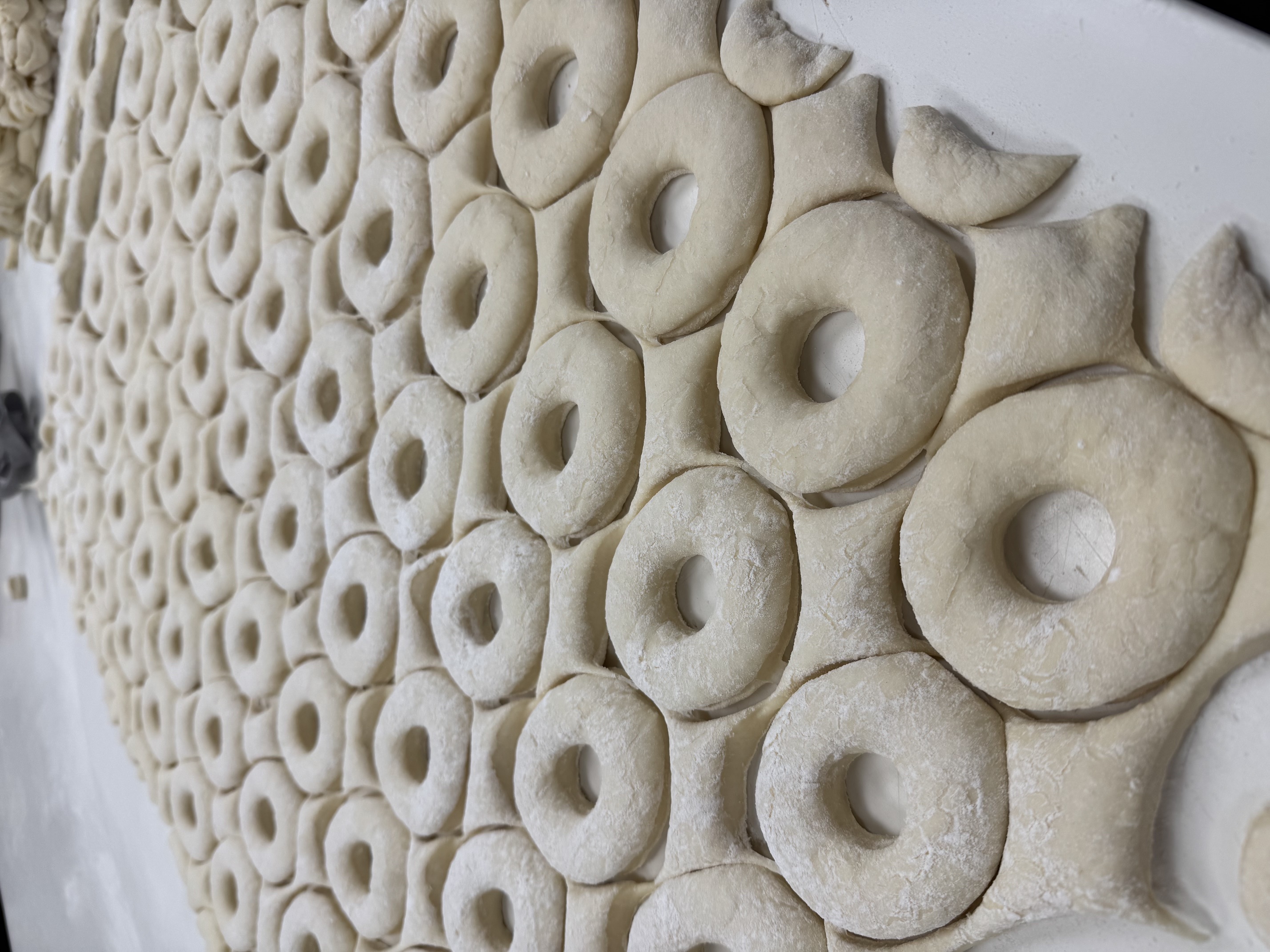 Rows of scratch-made donut dough being prepped